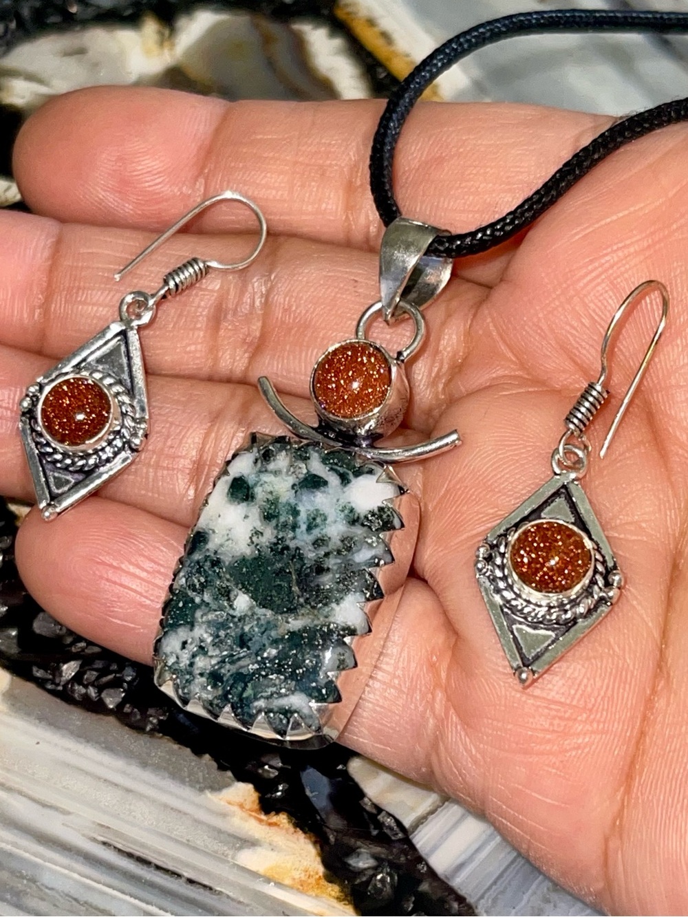 Tree Agate & Sandstone Pendant & Earrings Set